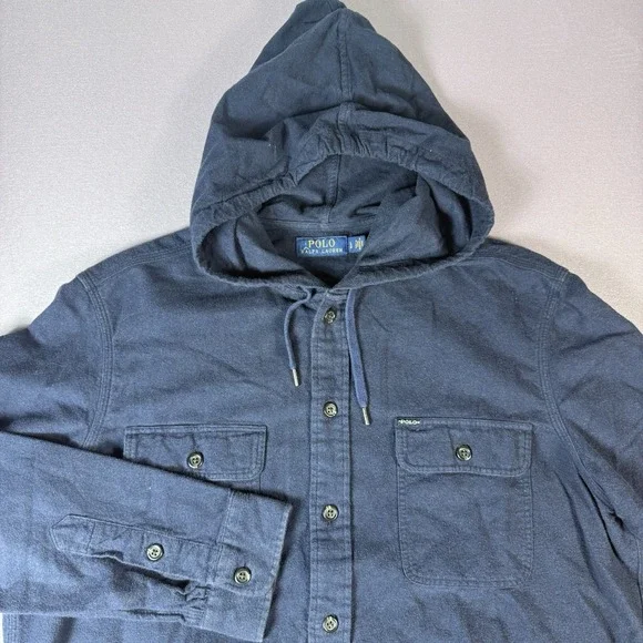 Polo Ralph Lauren Hoodie Men's L Navy Full Button Sweatshirt W/ Chest Pockets - Picture 1 of 6